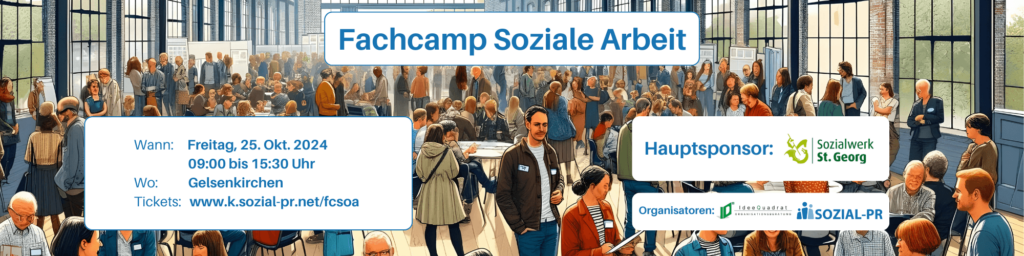 Banner für das Fachcamp Soziale Arbeit. Menschen sind in einer großen Halle versammelt. Informationen auf dem Banner: "Wann: Freitag, 25. Okt. 2024, 09:00 bis 15:30 Uhr. Wo: Gelsenkirchen. Tickets: www.k.sozial-pr.net/fcsoa". Hauptsponsor ist das Sozialwerk St. Georg, organisiert von IdeeQuadrat und Sozial-PR.